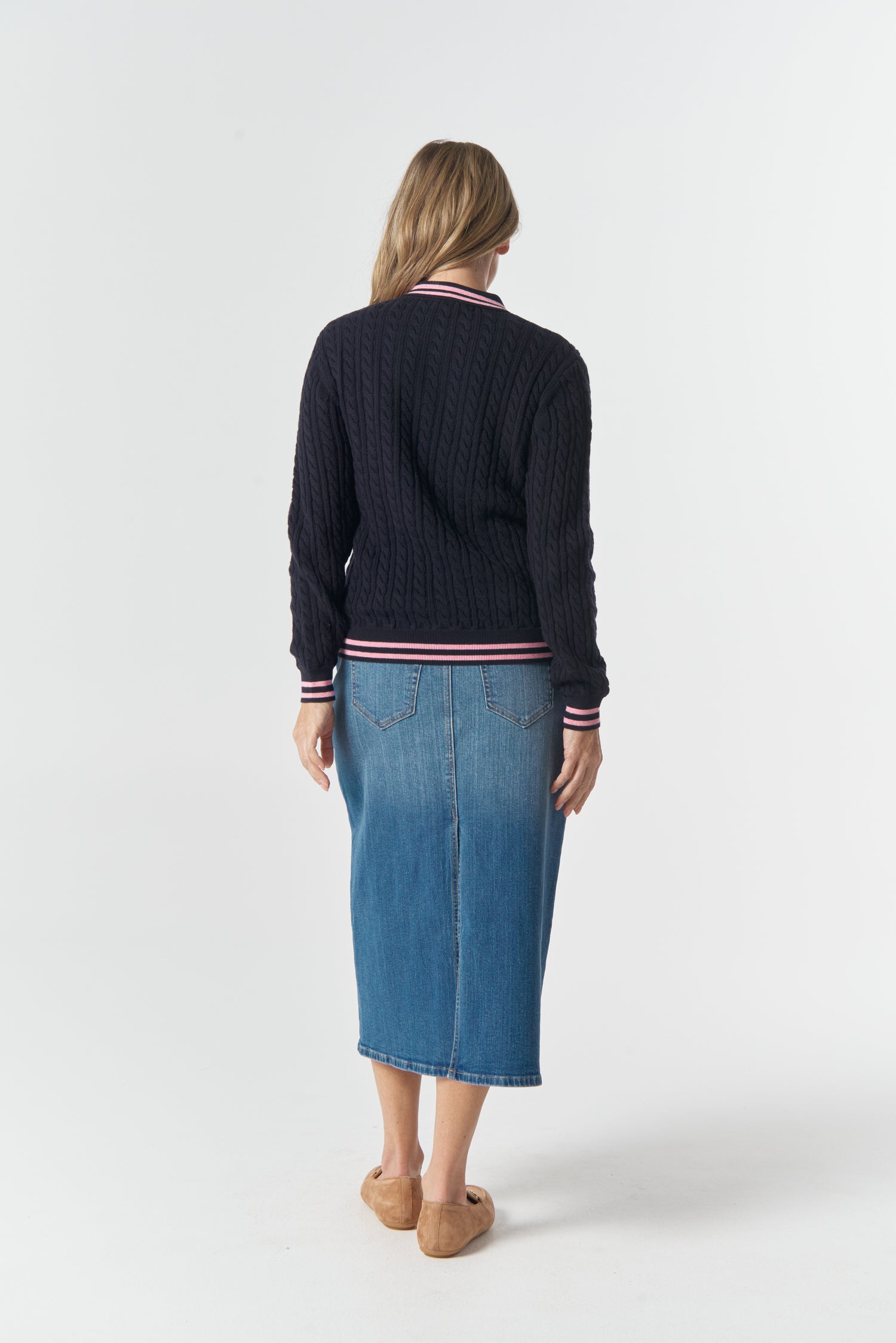 Goondiwindi Cotton Knitwear Marine Merino Cotton Cable Knit Polo - Navy/Fondant Pink