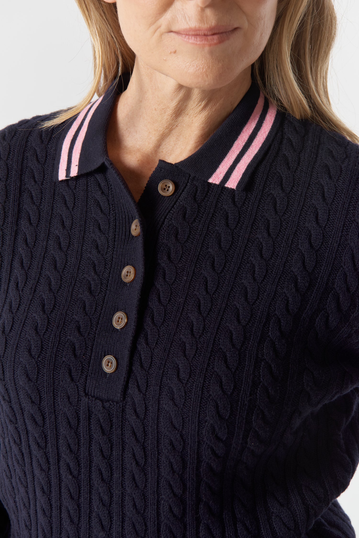 Goondiwindi Cotton Knitwear Marine Merino Cotton Cable Knit Polo - Navy/Fondant Pink
