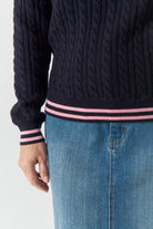 Goondiwindi Cotton Knitwear Marine Merino Cotton Cable Knit Polo - Navy/Fondant Pink