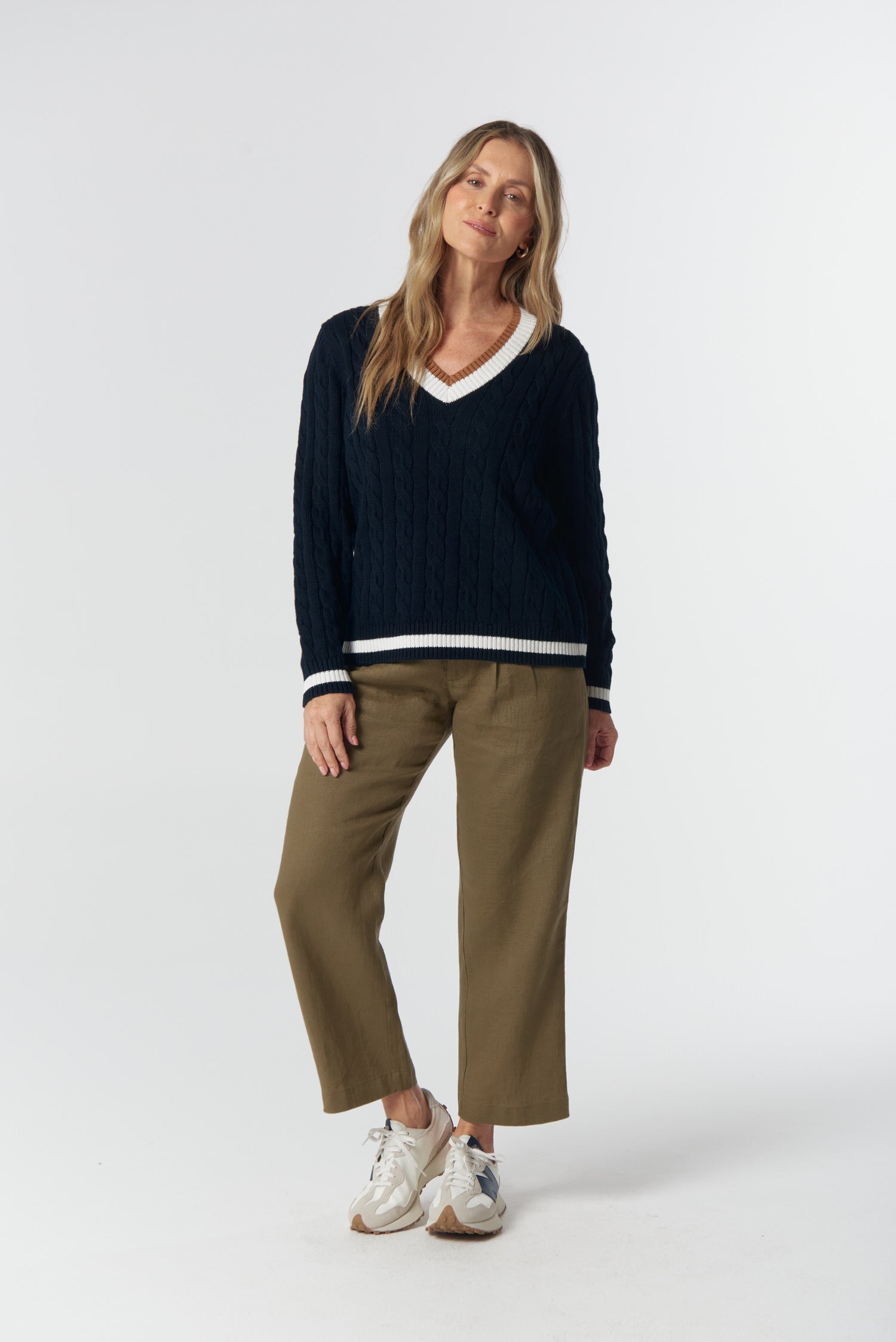 Harvest V Neck Cotton Jumper - Dark Navy/White/Fox by Goondiwindi Cotton. Timeless women’s fashion using natural fibres and classic shapes