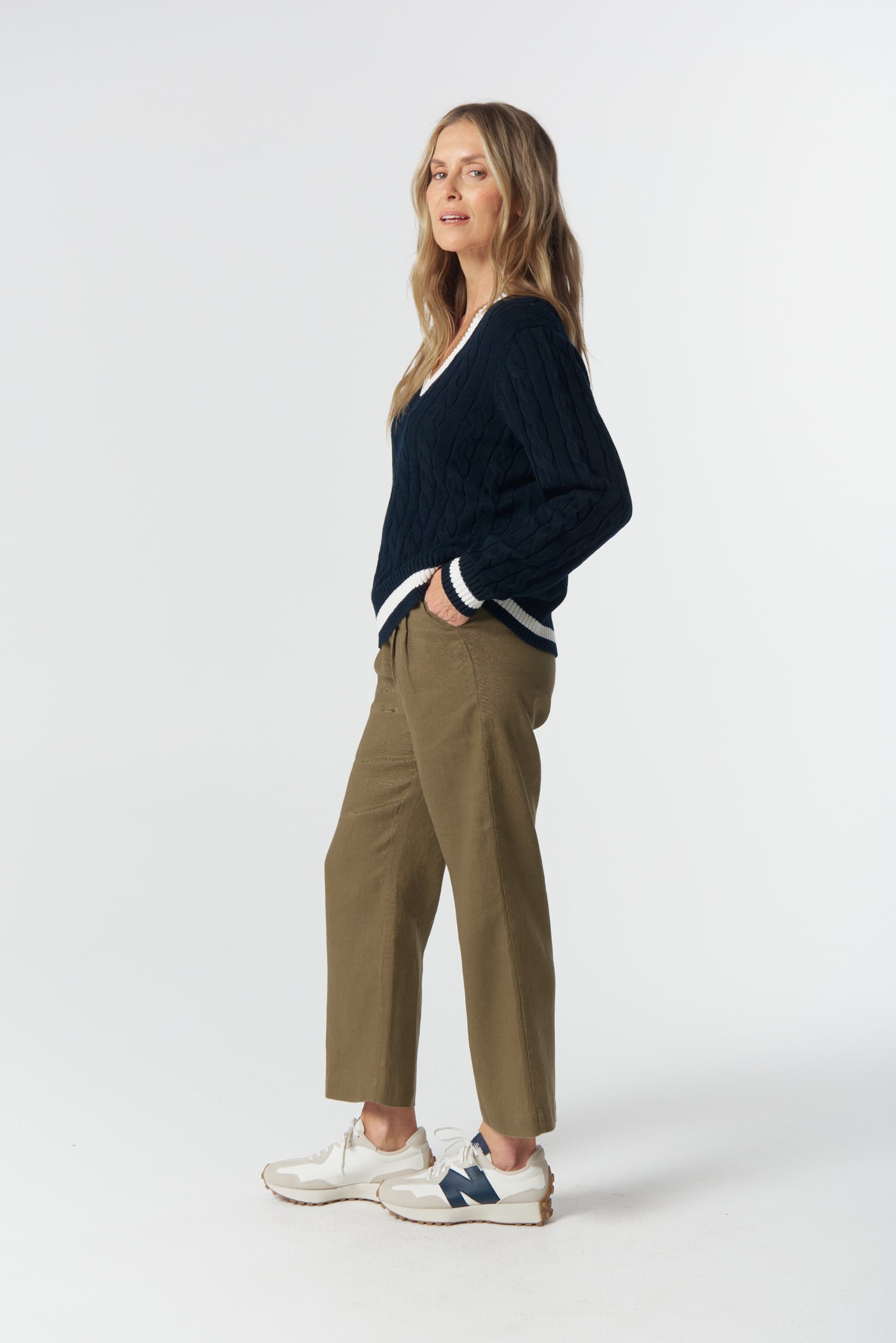 Harvest V Neck Cotton Jumper - Dark Navy/White/Fox by Goondiwindi Cotton. Timeless women’s fashion using natural fibres and classic shapes