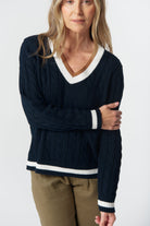 Harvest V Neck Cotton Jumper - Dark Navy/White/Fox by Goondiwindi Cotton. Timeless women’s fashion using natural fibres and classic shapes