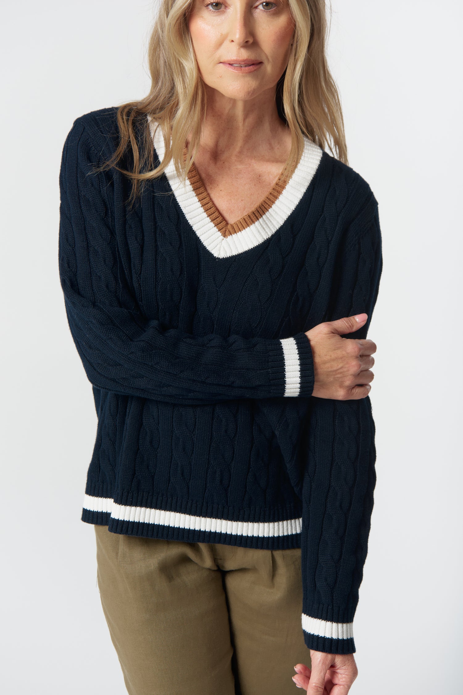 Harvest V Neck Cotton Jumper - Dark Navy/White/Fox by Goondiwindi Cotton. Timeless women’s fashion using natural fibres and classic shapes