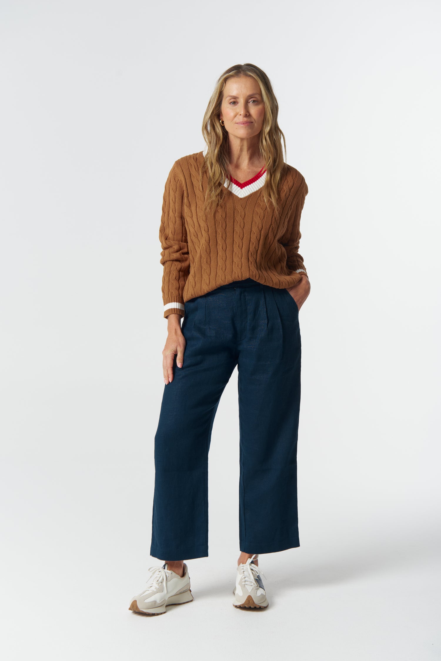 Harvest V Neck Cotton Jumper - Fox/White/Poinsettia by Goondiwindi Cotton. Timeless women’s fashion using natural fibres and classic shapes