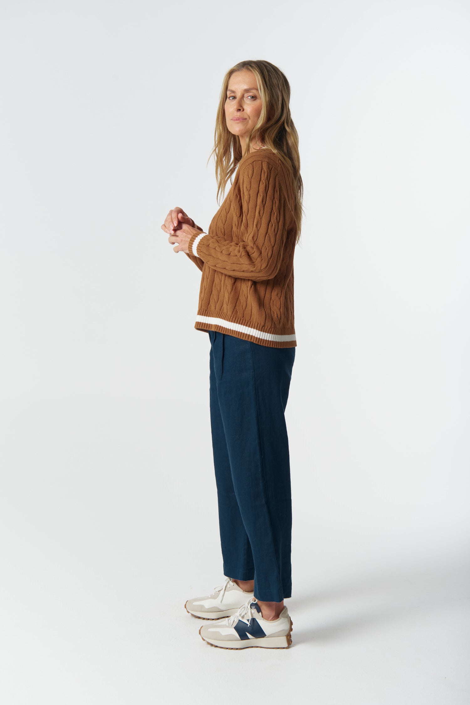 Harvest V Neck Cotton Jumper - Fox/White/Poinsettia by Goondiwindi Cotton. Timeless women’s fashion using natural fibres and classic shapes