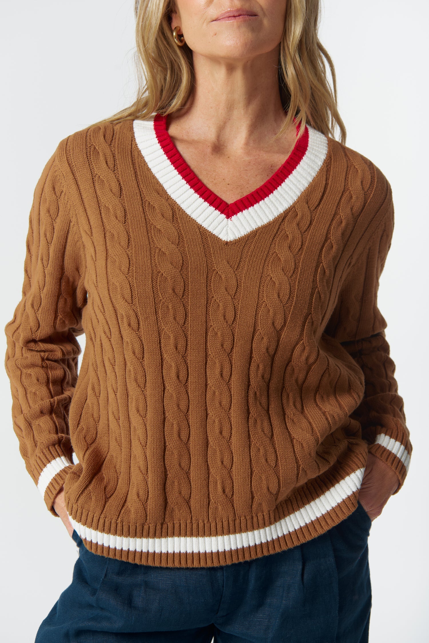 Harvest V Neck Cotton Jumper - Fox/White/Poinsettia by Goondiwindi Cotton. Timeless women’s fashion using natural fibres and classic shapes