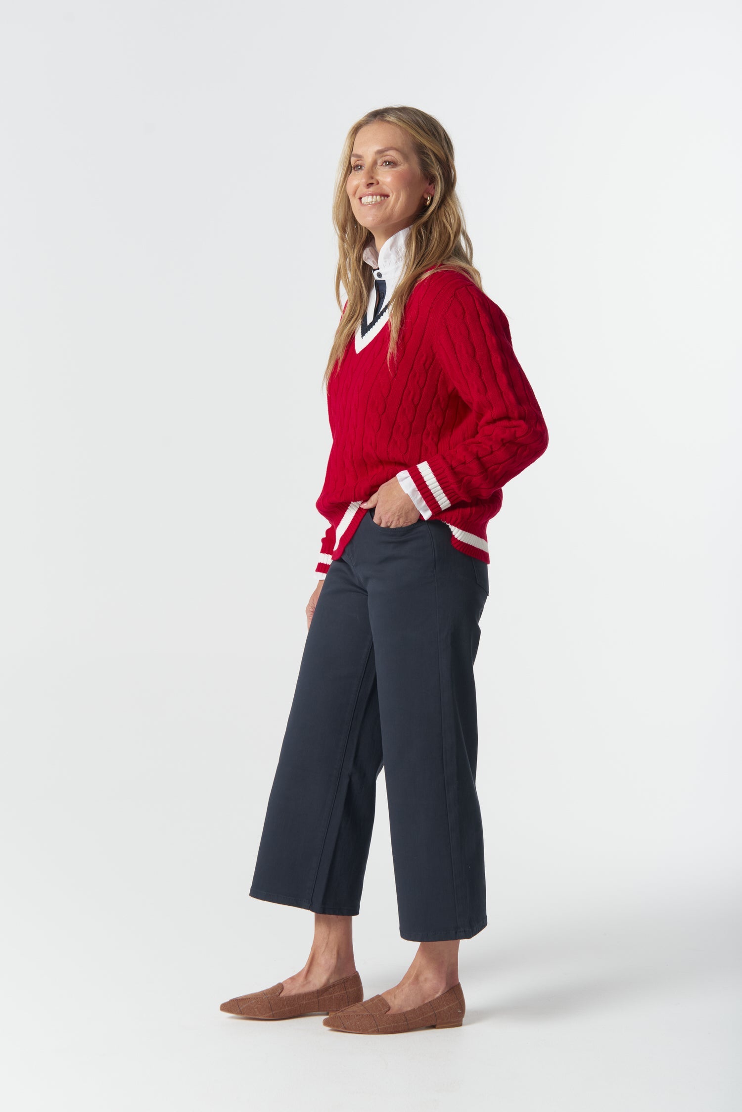 Harvest V Neck Cotton Jumper - Poinsettia/White/Navy by Goondiwindi Cotton. Timeless women’s fashion using natural fibres and classic shapes