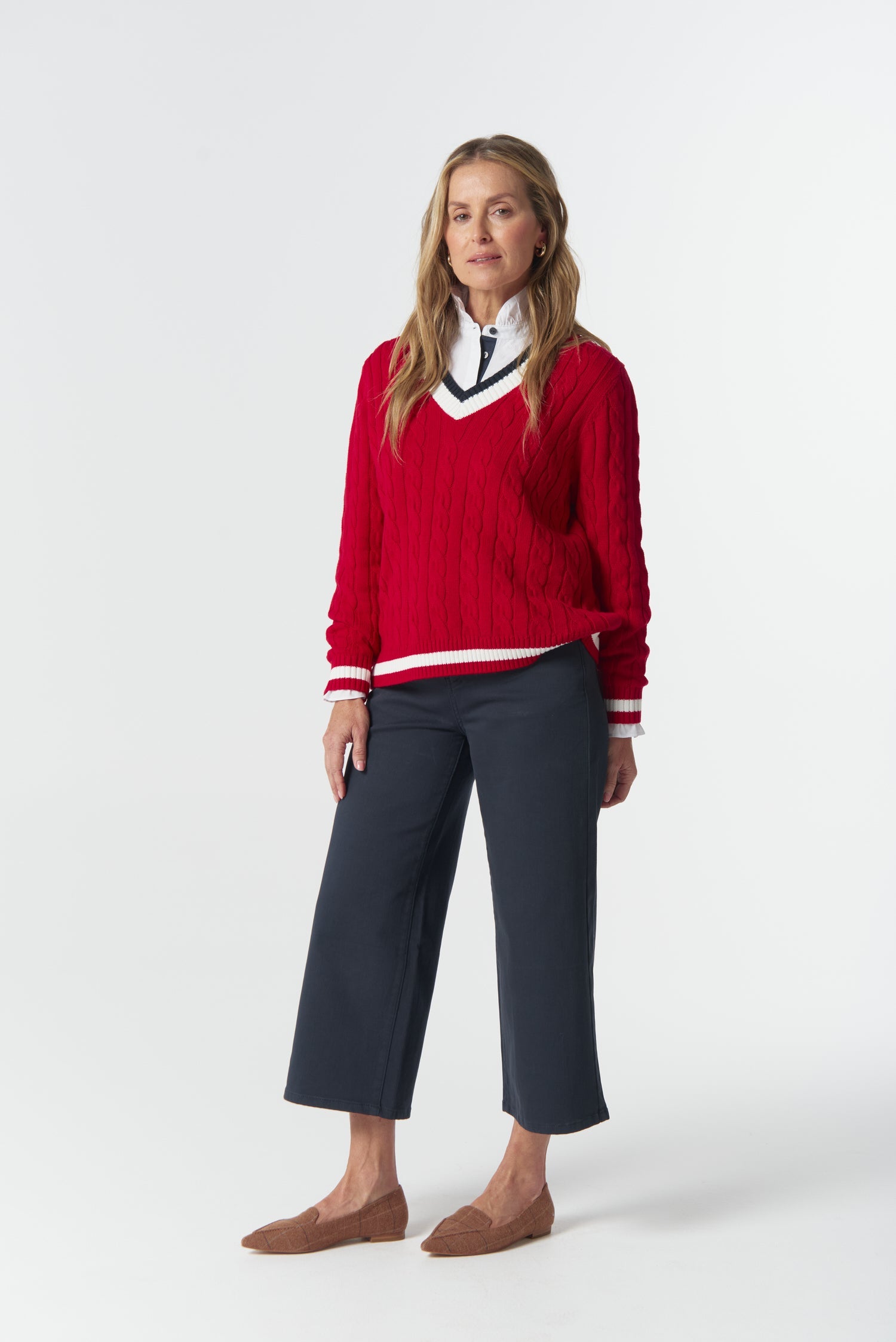 Harvest V Neck Cotton Jumper - Poinsettia/White/Navy by Goondiwindi Cotton. Timeless women’s fashion using natural fibres and classic shapes