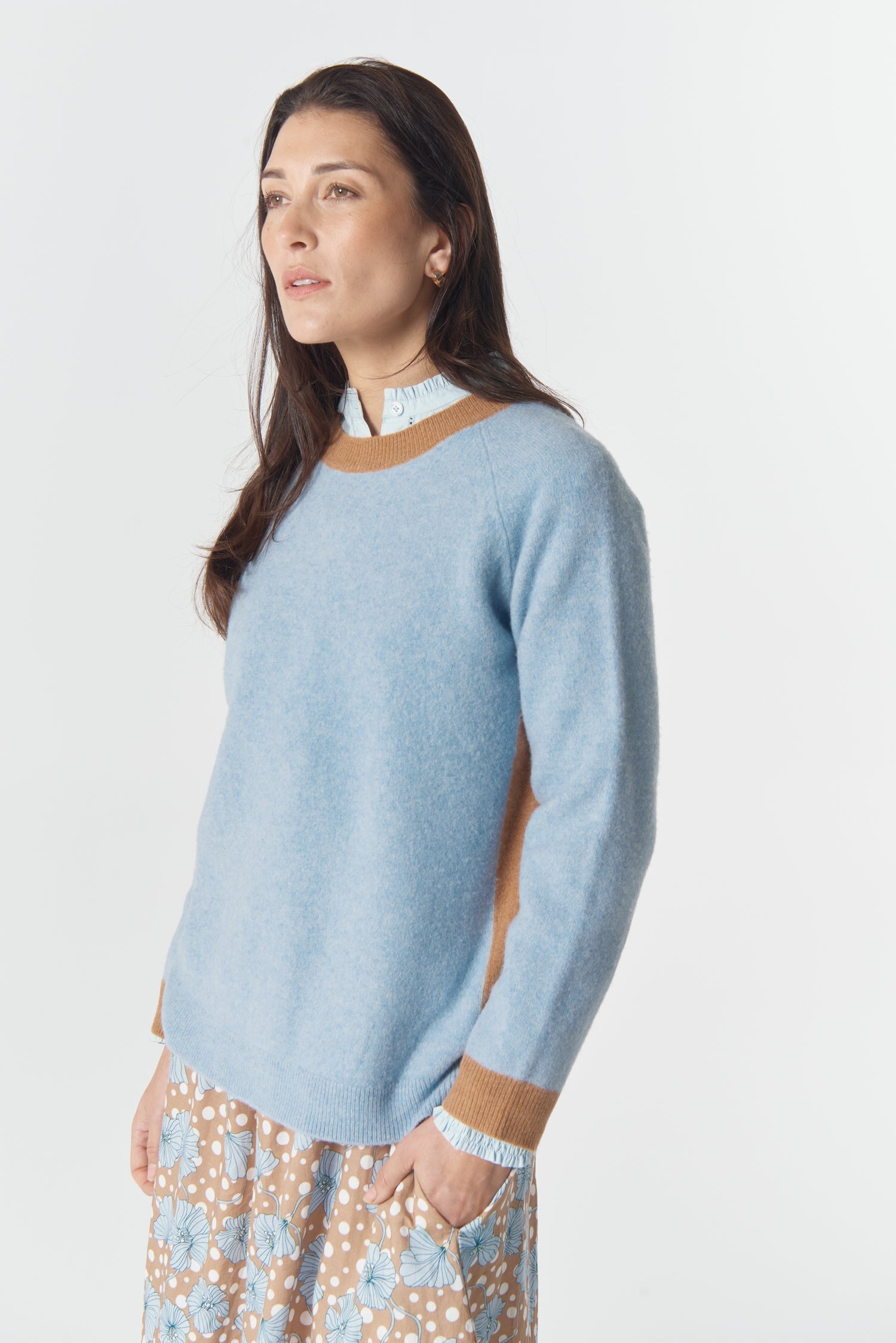 Goondiwindi Cotton Knitwear Drover Brushed Merino Jumper - Harebell Blue/Acorn