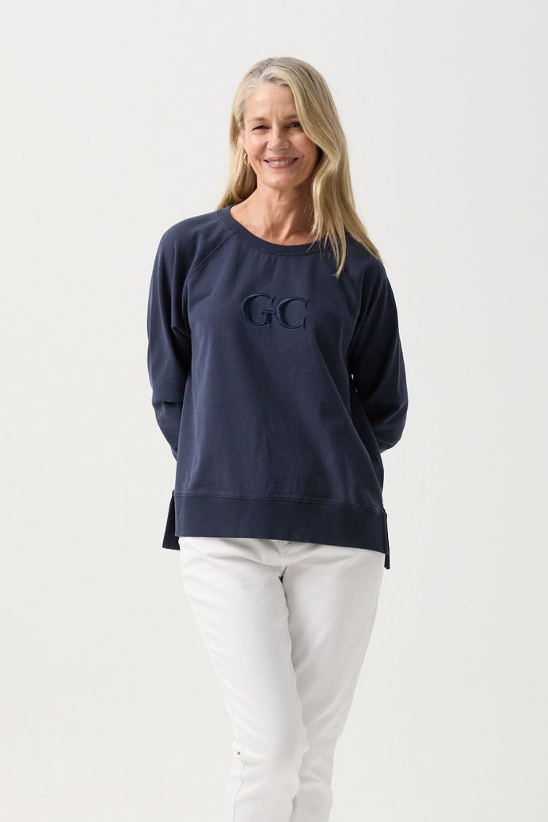 GC Logo Sweater - Dark Navy by Goondiwindi Cotton. Timeless women’s fashion using natural fibres and classic shapes