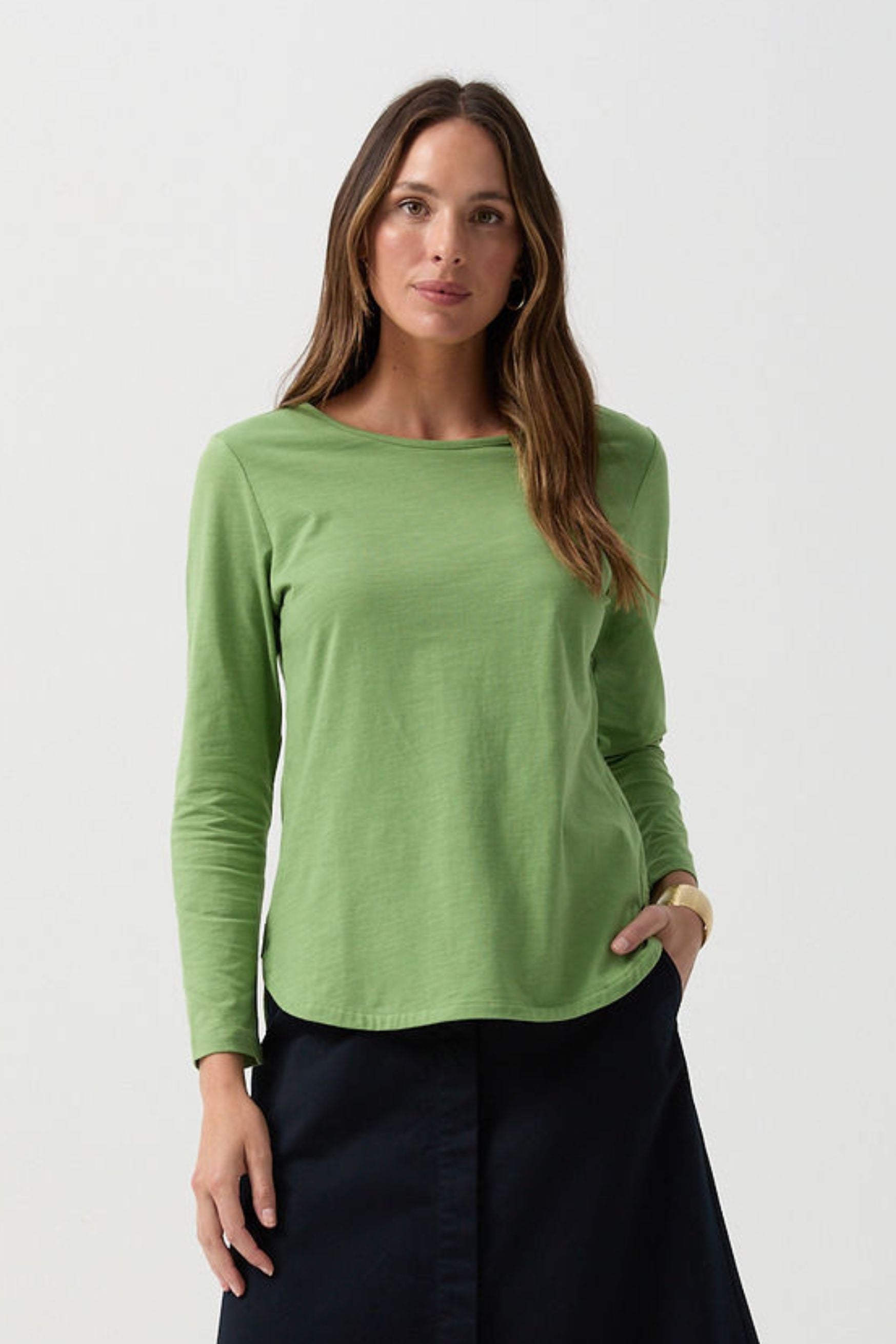 Cotton Long Sleeve Classic Tee - Leaf Green by Goondiwindi Cotton. Timeless women’s fashion using natural fibres and classic shapes