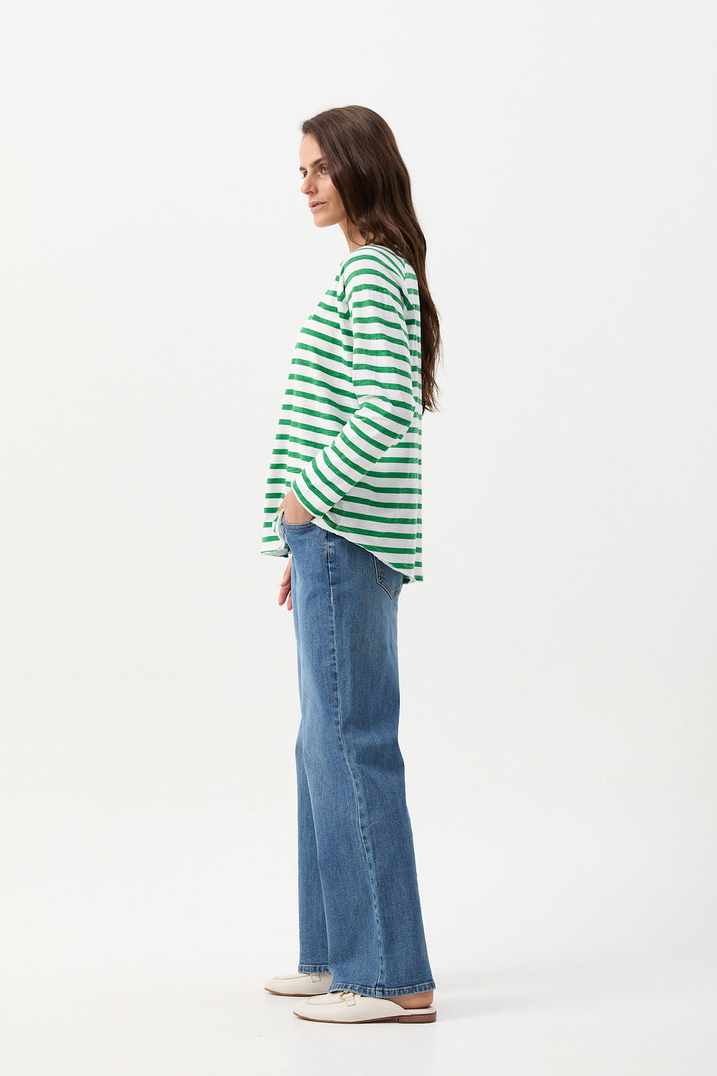 Raglan Cotton Stripe Tee - White/Jolly Green by cloth+paper+scissors. Timeless women’s fashion using natural fibres and classic shapes