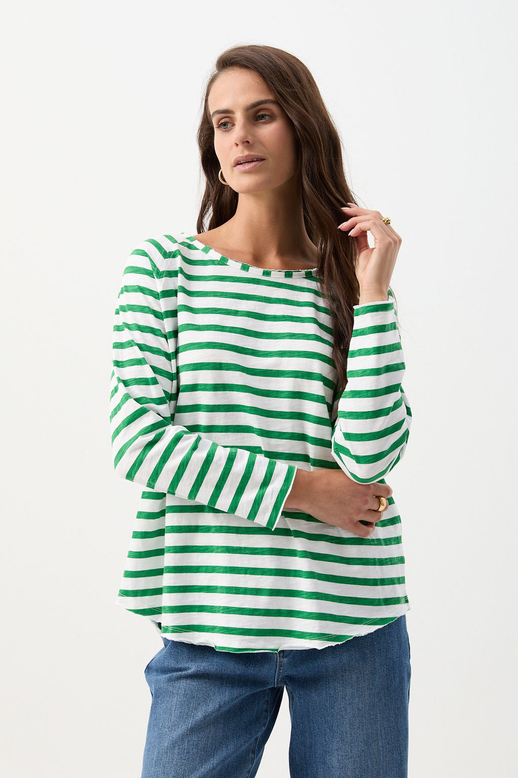Raglan Cotton Stripe Tee - White/Jolly Green by cloth+paper+scissors. Timeless women’s fashion using natural fibres and classic shapes