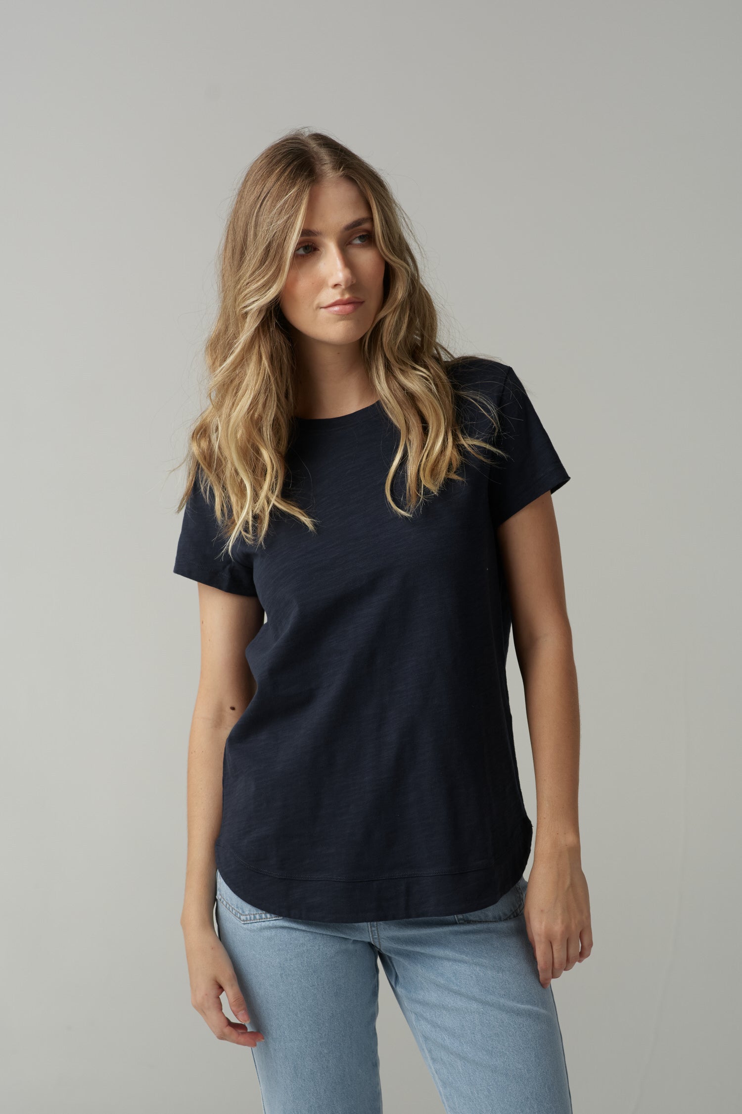 Fern Cotton Shaped Hem Tee - Parisian Navy by cloth+paper+scissors. Timeless women’s fashion using natural fibres and classic shapes