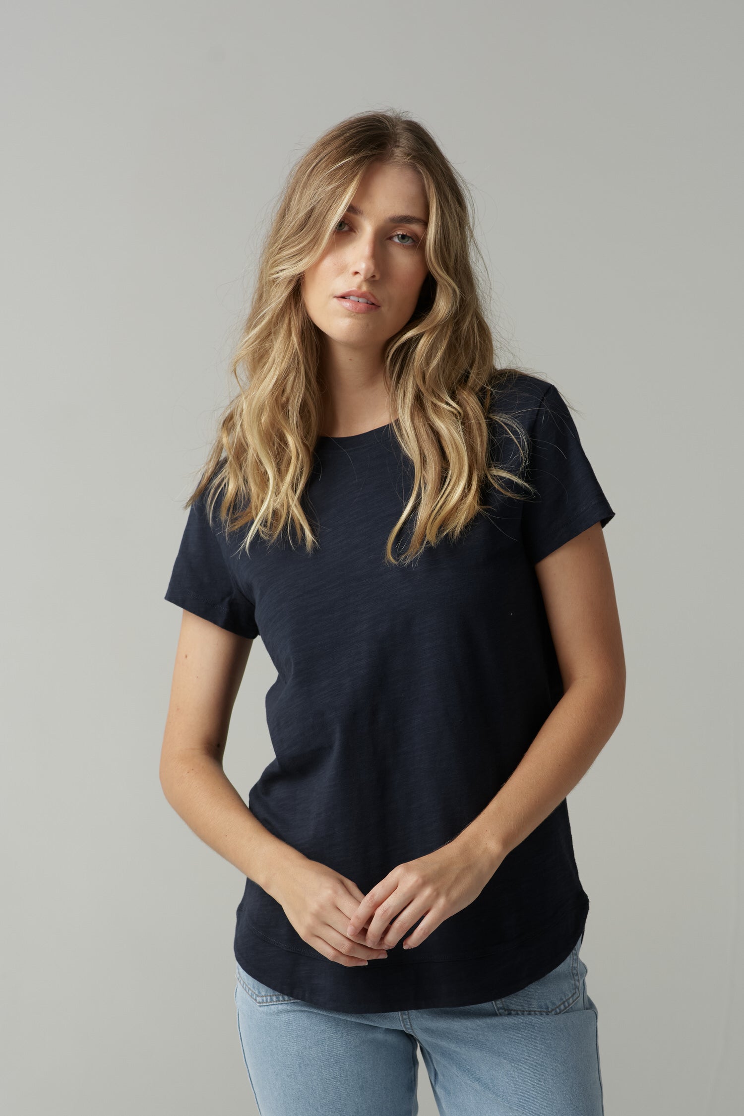 Fern Cotton Shaped Hem Tee - Parisian Navy by cloth+paper+scissors. Timeless women’s fashion using natural fibres and classic shapes