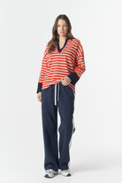 cloth+paper+scissors Tees The Breezy Stripe Polo - White/Salsa/Navy