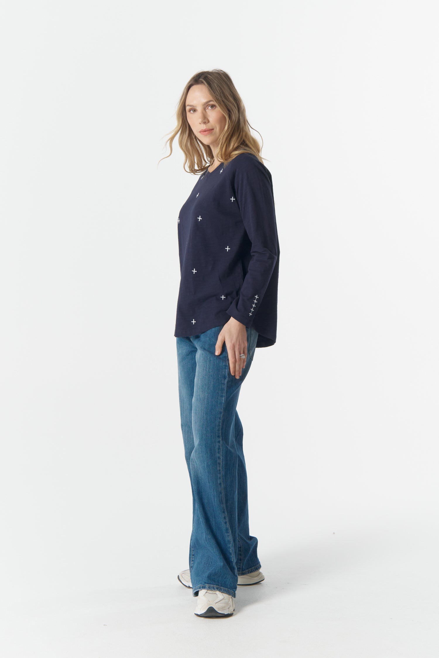 cloth+paper+scissors Tees Come Back Queen Cross Long Sleeve Tee - Parisian Navy/White