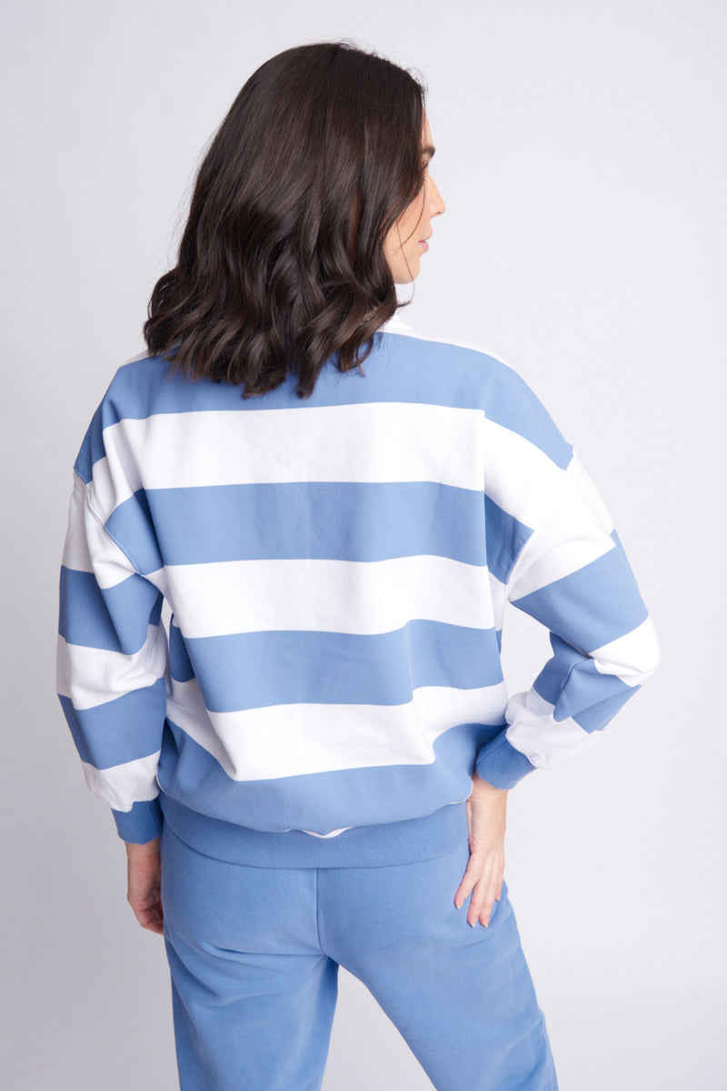 Fleece Stripe 1/2 Zip Cotton Denim Blue/White