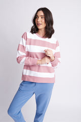 Fleece Stripe Side Split Sweater Blush/White