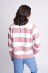 Fleece Stripe Side Split Sweater Blush/White