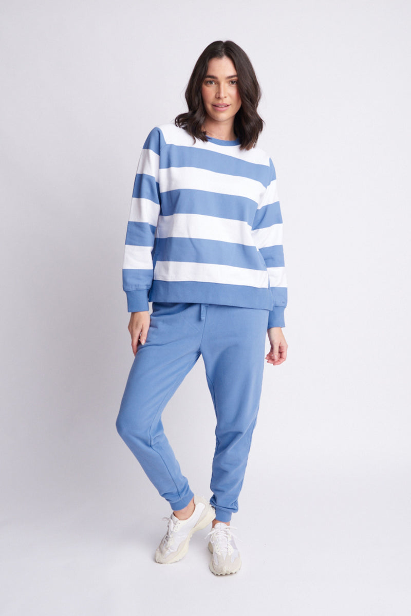 Fleece Stripe Side Split Sweater Denim Blue/White