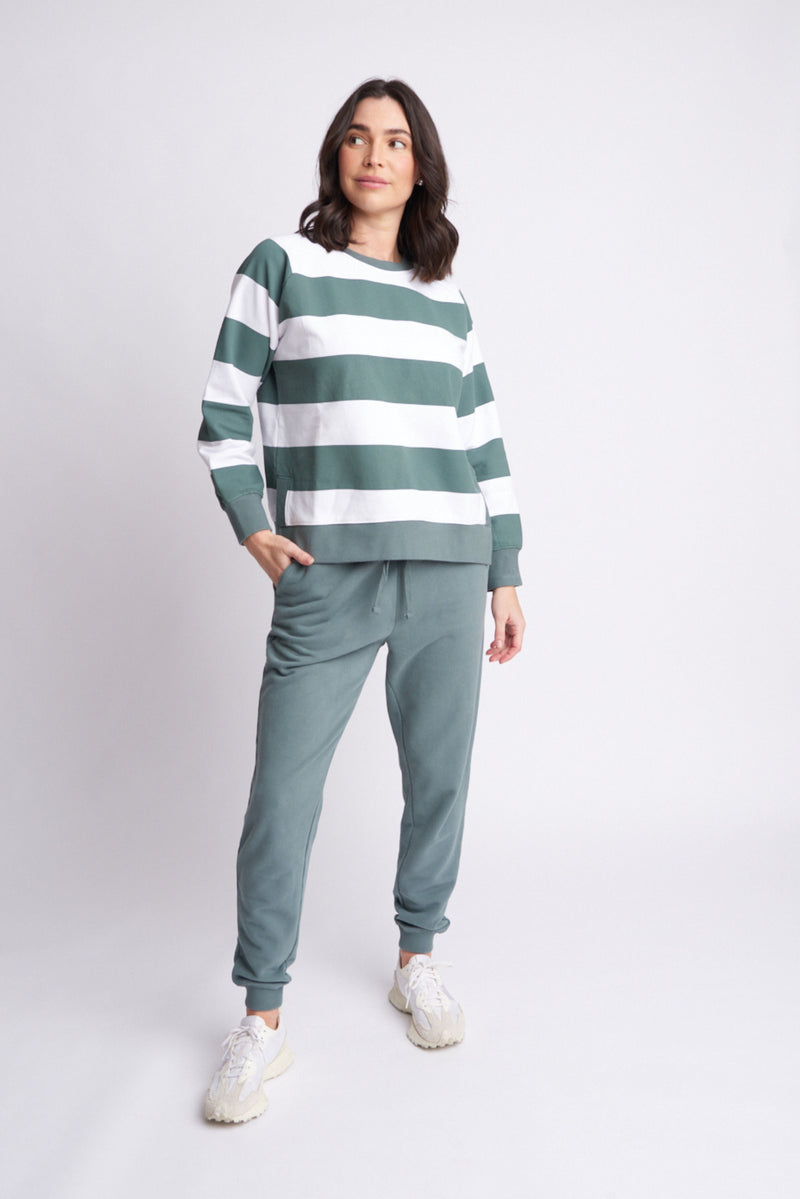 Fleece Stripe Side Split Sweater Forest/White