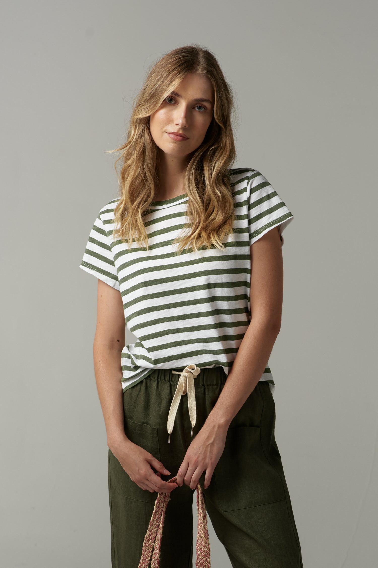 cloth+paper+scissors Tees Basic Cotton Crew Neck Stripe Tee - White/Fairway Green