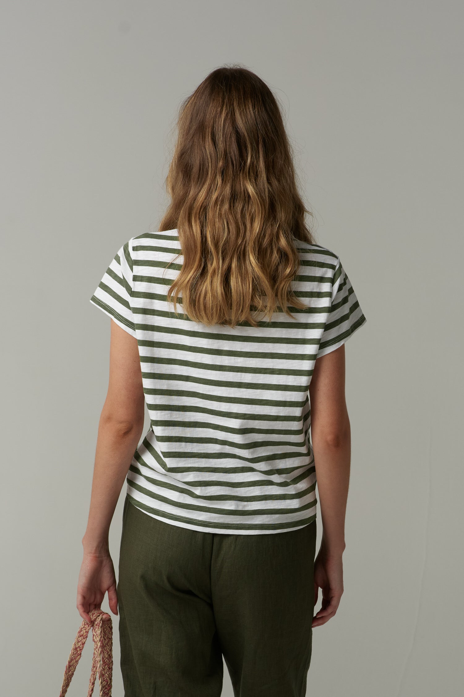 cloth+paper+scissors Tees Basic Cotton Crew Neck Stripe Tee - White/Fairway Green