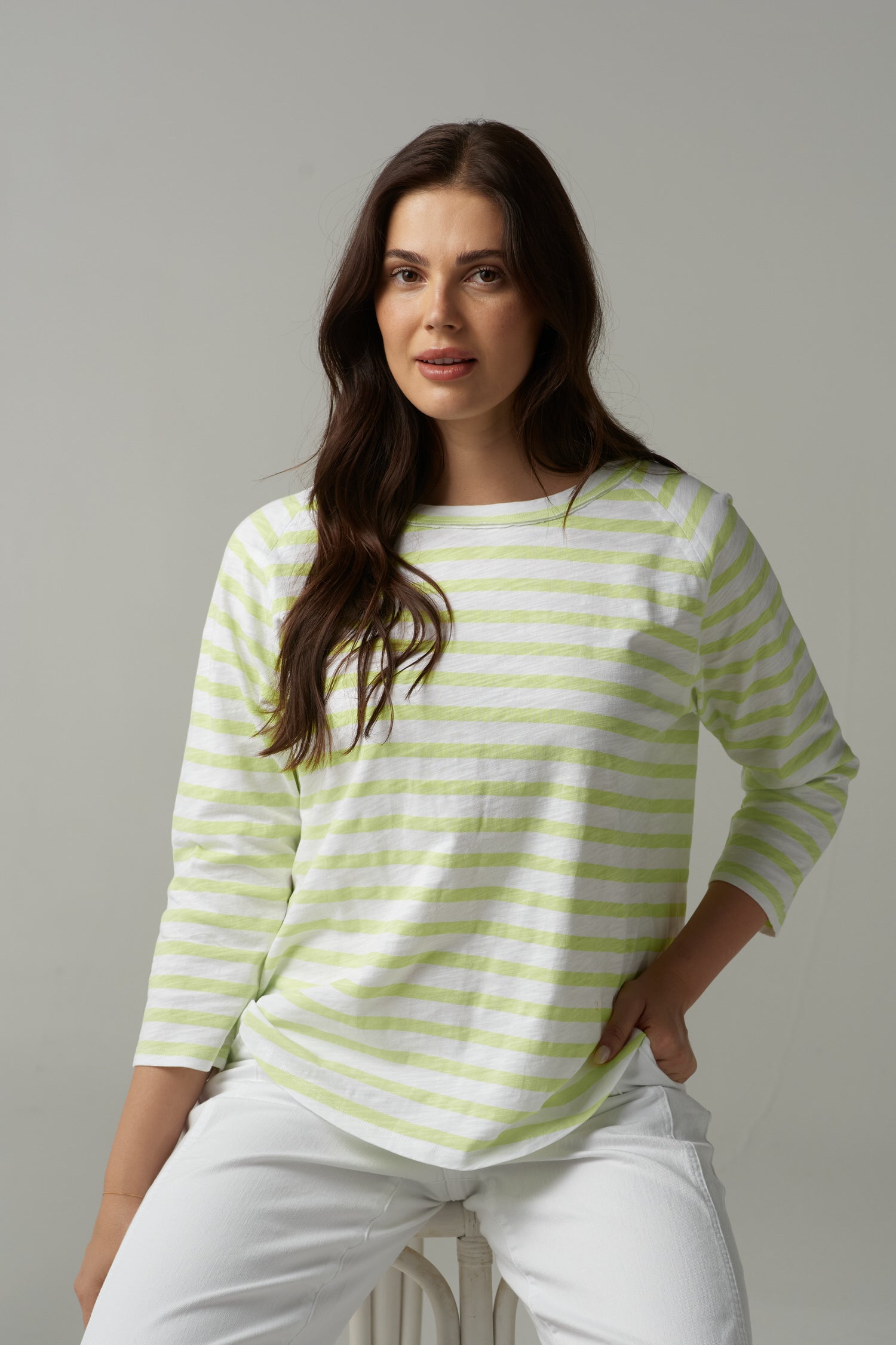 The Stripe Cotton 3/4 Sleeve Tee - White/Lime by cloth+paper+scissors. Timeless women’s fashion using natural fibres and classic shapes