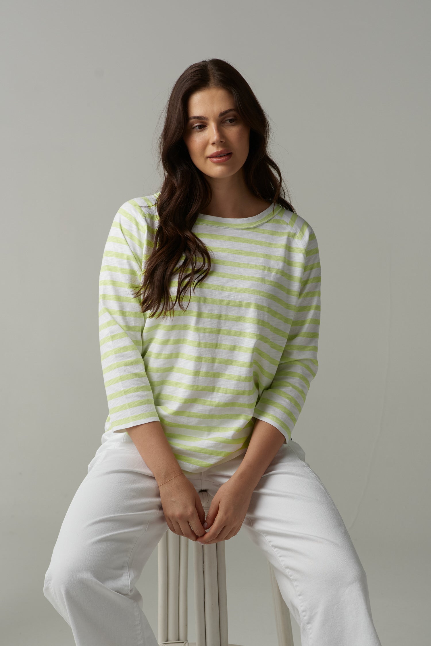 The Stripe Cotton 3/4 Sleeve Tee - White/Lime by cloth+paper+scissors. Timeless women’s fashion using natural fibres and classic shapes