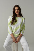 The Stripe Cotton 3/4 Sleeve Tee - White/Lime by cloth+paper+scissors. Timeless women’s fashion using natural fibres and classic shapes