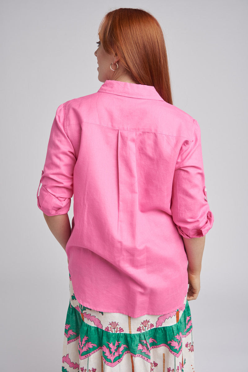 Linen Long Sleeve Pocket Shirt Bright Pink
