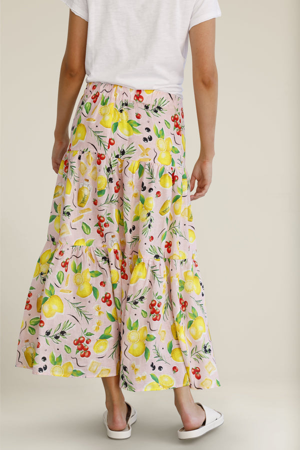 Linen Lemon Print Tiered Skirt