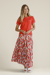 Linen Chilli Print Tiered Skirt