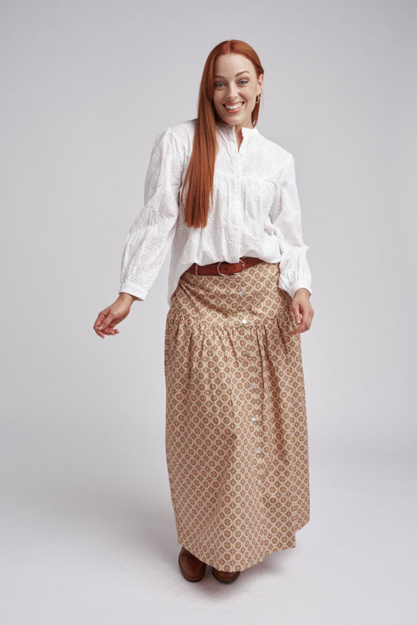 Ruffle Geo Print Cotton Maxi Skirt