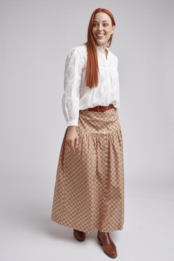Ruffle Geo Print Cotton Maxi Skirt