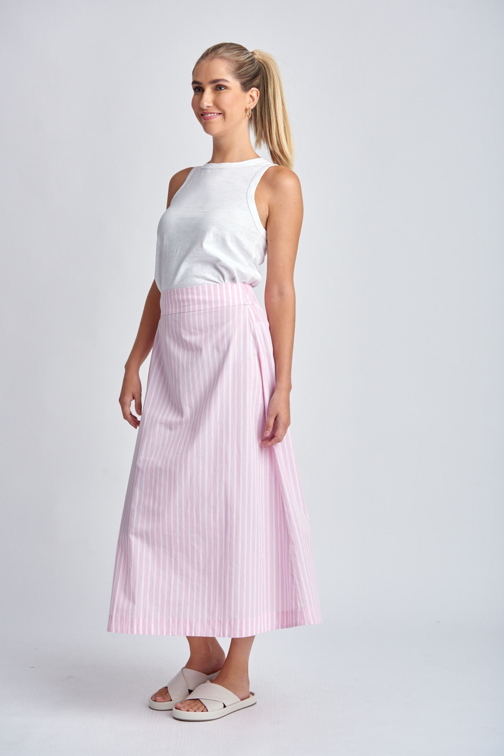 Elastic Back Zip Stripe Cotton Skirt Pink White Goondiwindi Cotton