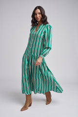 Drop Waist Green/Beige Stripe Maxi Dress