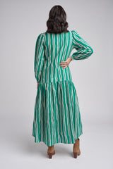 Drop Waist Green/Beige Stripe Maxi Dress