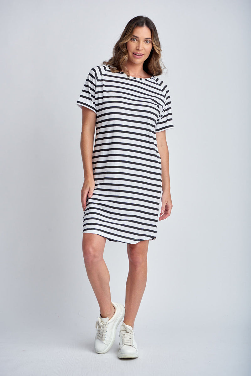 Stripe Raglan Sleeve Cotton Dress White/Black – Goondiwindi Cotton