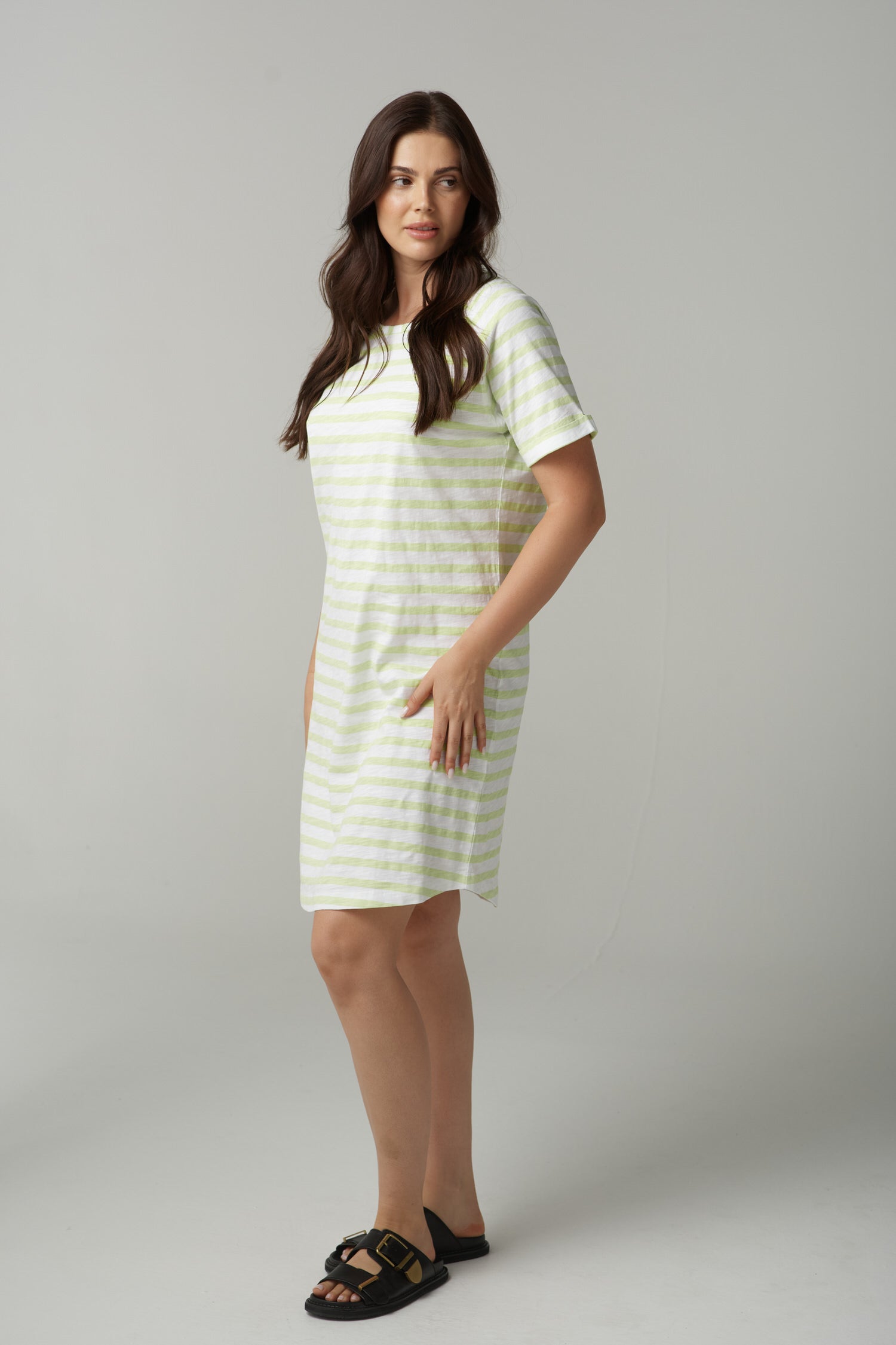 cloth+paper+scissors Dresses The Stripe Cotton Tee Shirt Dress - White/Lime