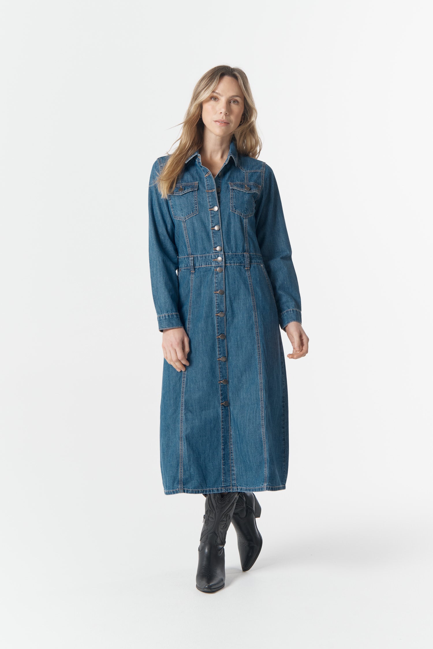 cloth+paper+scissors Dresses Dusty Rose Denim Dress - Denim Blue