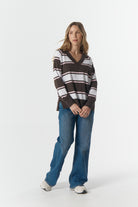 cloth+paper+scissors Rugbys Rugby Club V Neck Sweater - Chocolate Torte/Pink