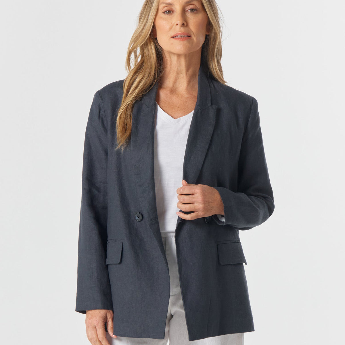 Linen Double Breasted Relaxed Jacket - Navy – Goondiwindi Cotton
