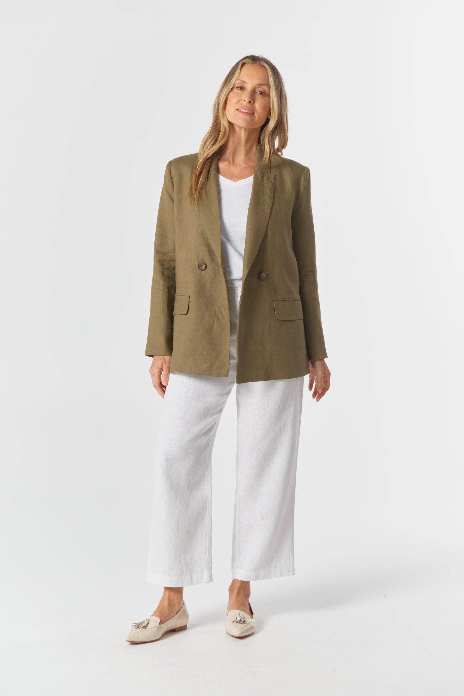 Linen Double Breasted Relaxed Jacket - Tobacco by Goondiwindi Cotton. Timeless women’s fashion using natural fibres and classic shapes