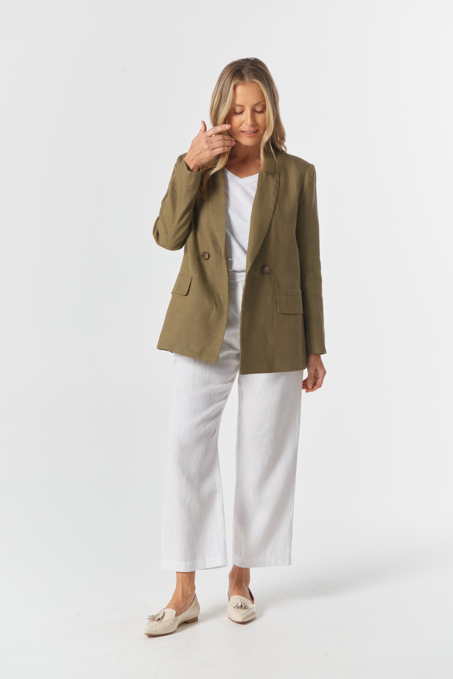 Linen Double Breasted Relaxed Jacket - Tobacco by Goondiwindi Cotton. Timeless women’s fashion using natural fibres and classic shapes