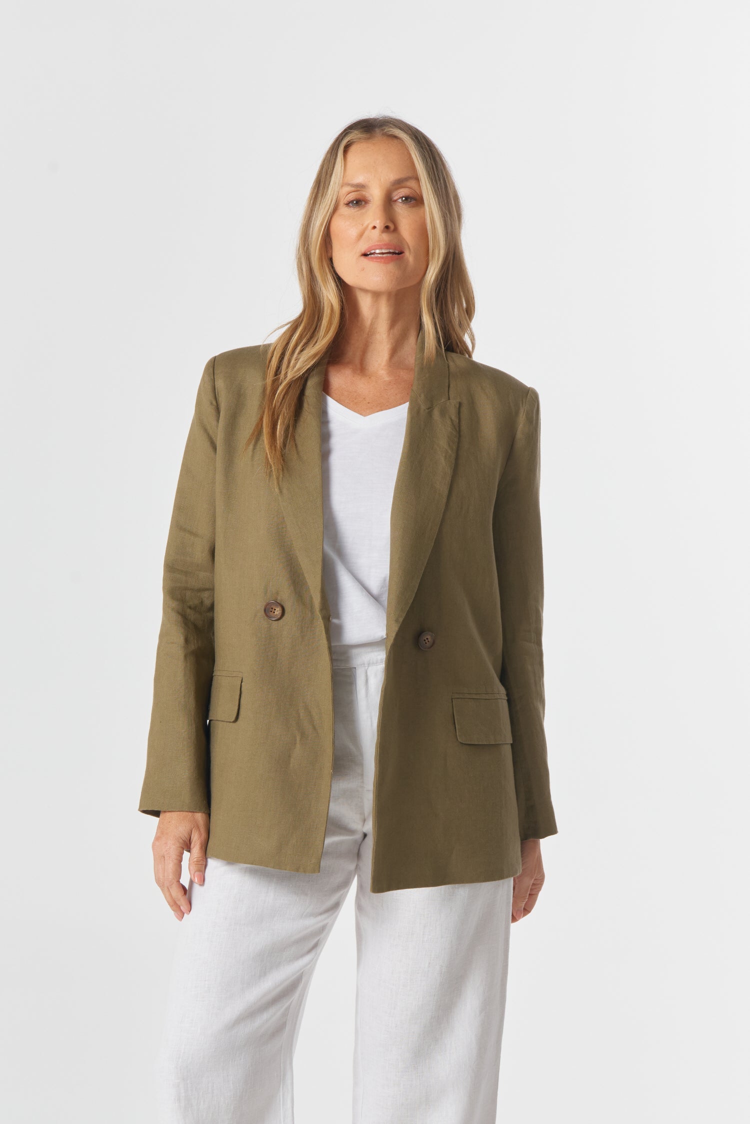 Linen Double Breasted Relaxed Jacket - Tobacco by Goondiwindi Cotton. Timeless women’s fashion using natural fibres and classic shapes