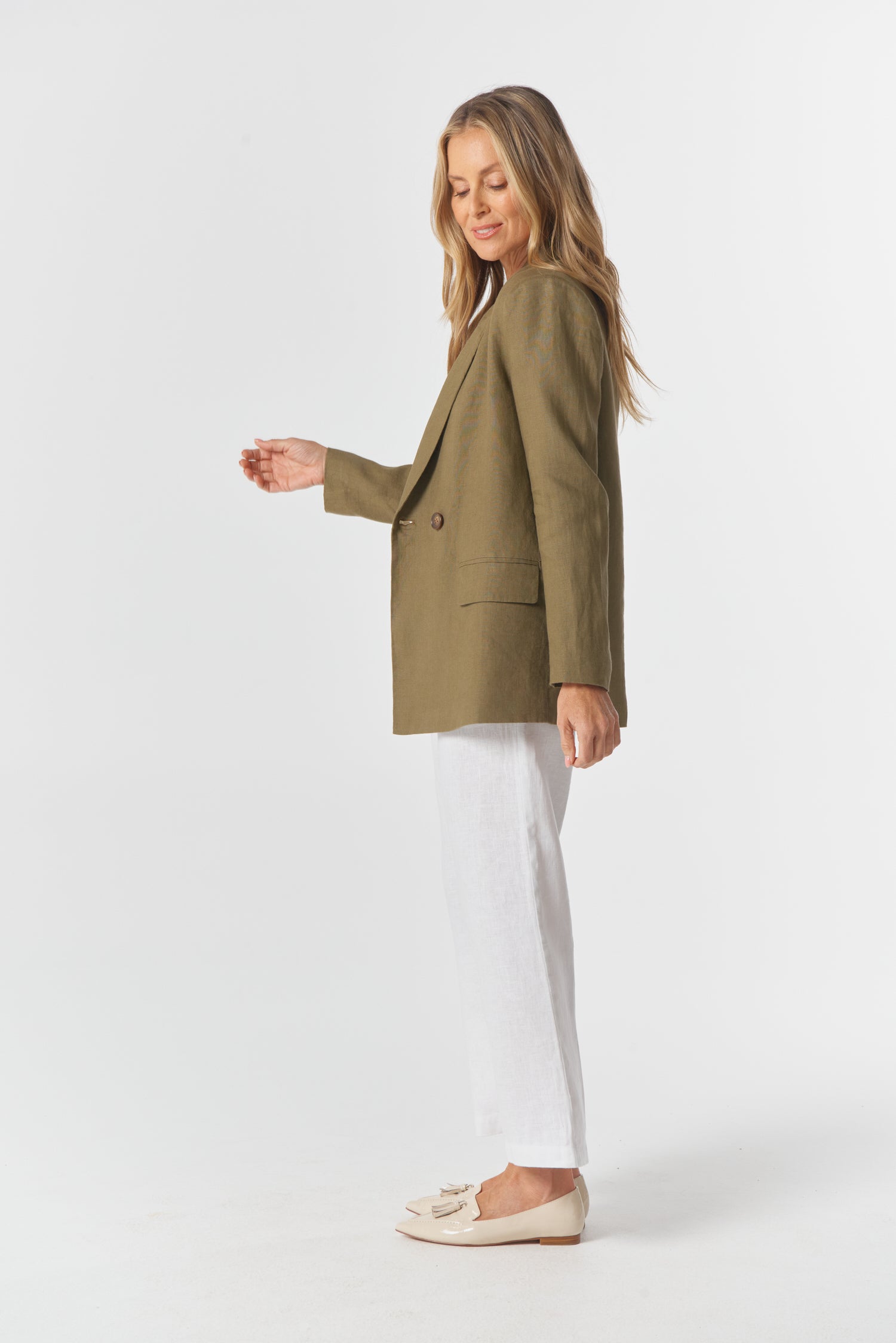 Linen Double Breasted Relaxed Jacket - Tobacco by Goondiwindi Cotton. Timeless women’s fashion using natural fibres and classic shapes
