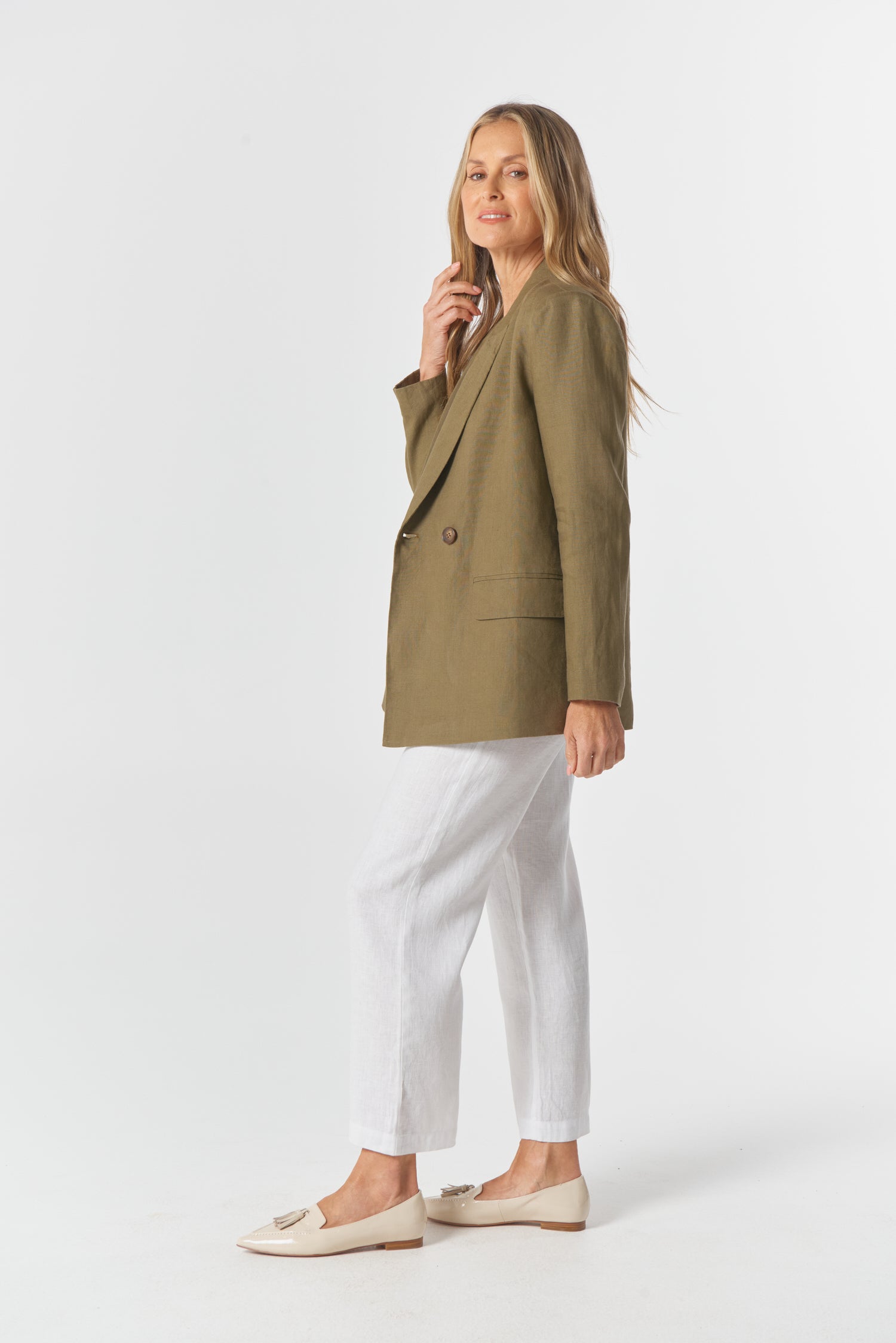 Linen Double Breasted Relaxed Jacket - Tobacco by Goondiwindi Cotton. Timeless women’s fashion using natural fibres and classic shapes