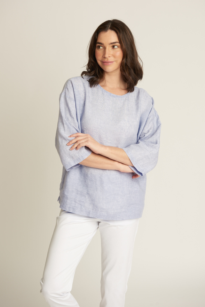 100% Linen 3/4 Sleeve Top With Pockets French Blue